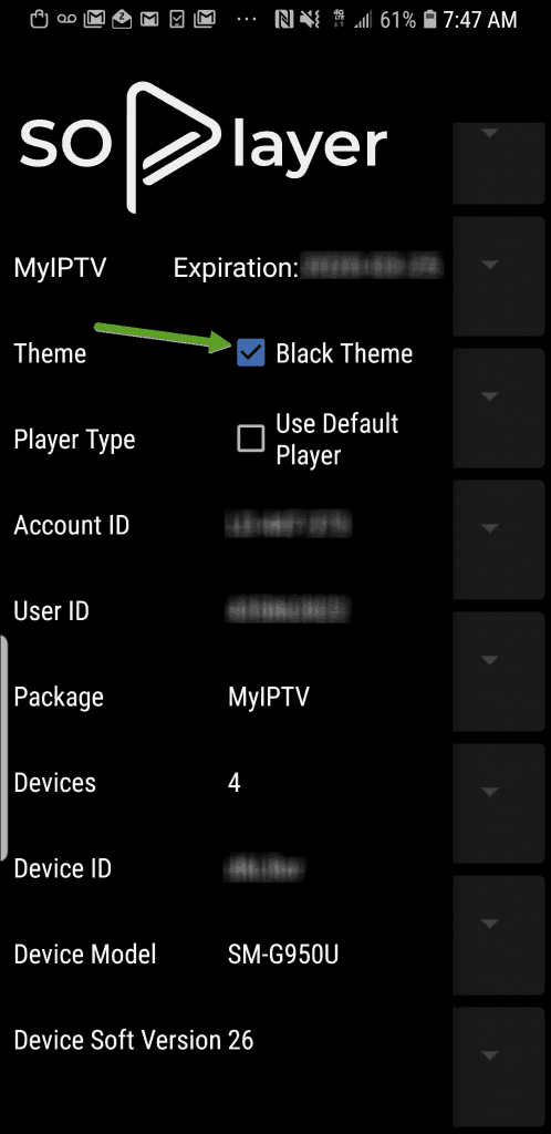 The SOPlayer settings page, enabling the black theme.