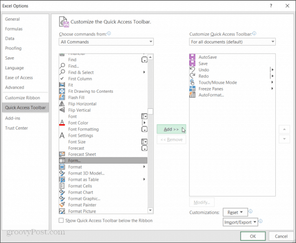 add form to quick access toolbar