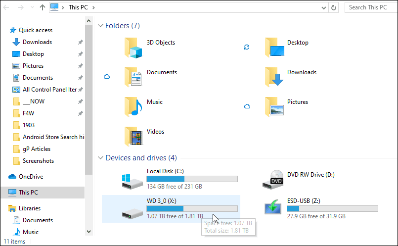 1903 Traditional This PC File Explorer Storage