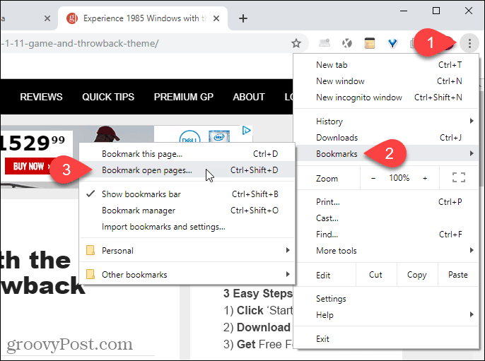 Select Bookmark open pages from Chrome menu