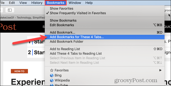 Select Add Bookmarks for These X Tabs in Safari