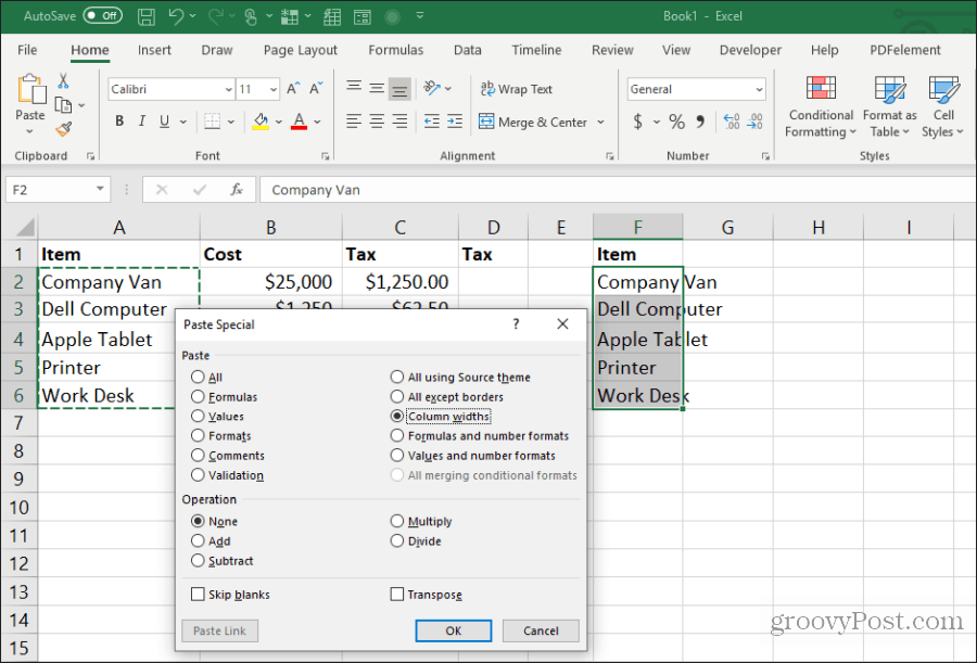 pasting column widths in excel