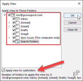 Apply View dialog in Outlook