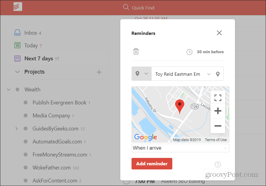 adding a location based reminder in todoist