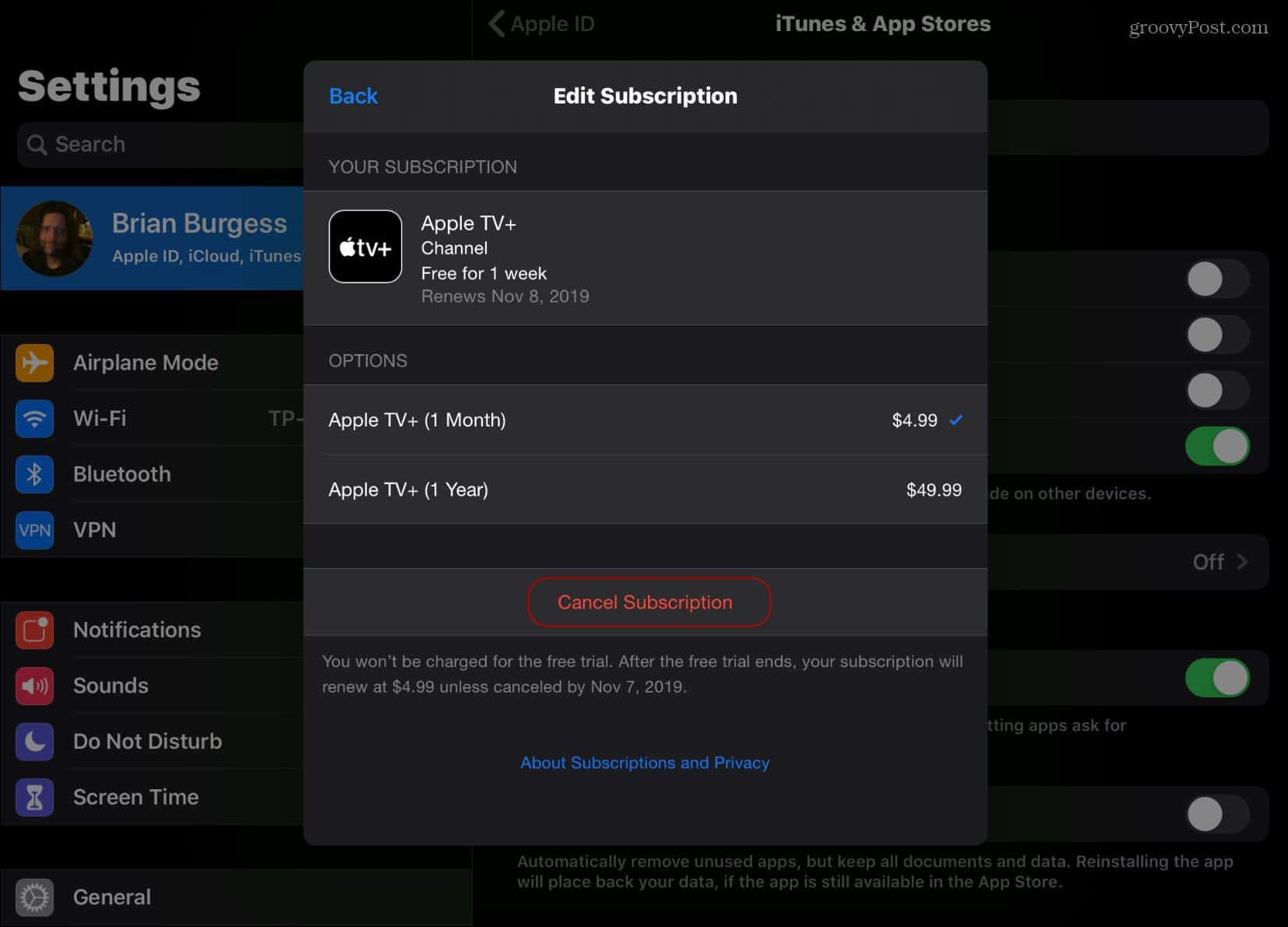 Tap on apple TV+ and then tap on Cancel Subscription and then tap Confirm. 