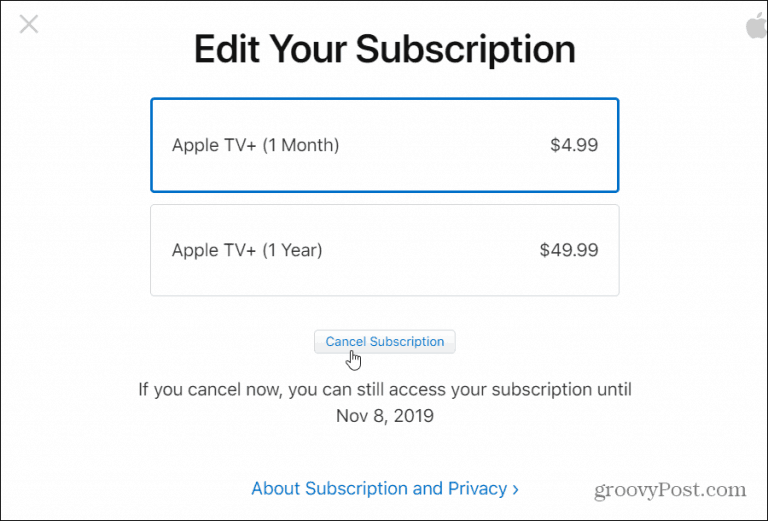 Отмените Apple TV+ через веб-браузер.
