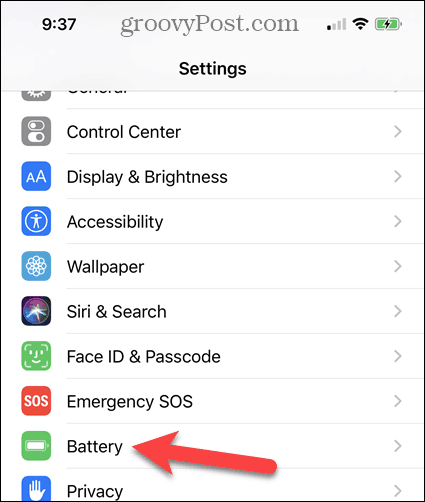 Tap Battery on the iPhone Settings screen.