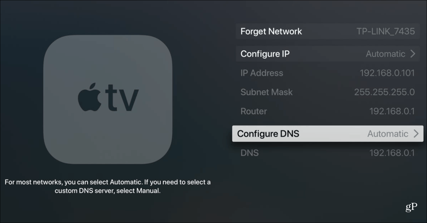 Como faço para mudar meu DNS para automático na Apple TV?