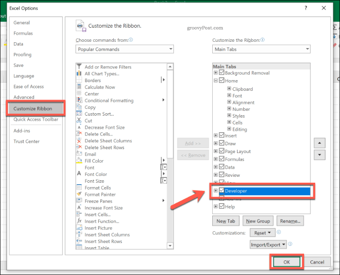 Enabling Developer Tab in Excel