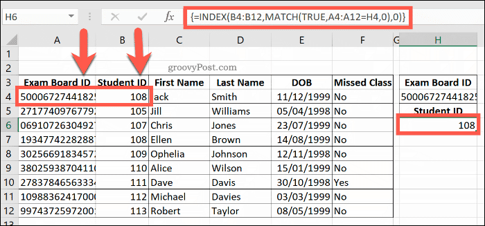 An example of a combined INDEX and MATCH formula in Excel
