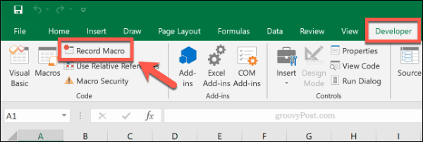 The Record Macro button in Microsoft Excel