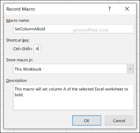 The Record Macro options menu in Excel