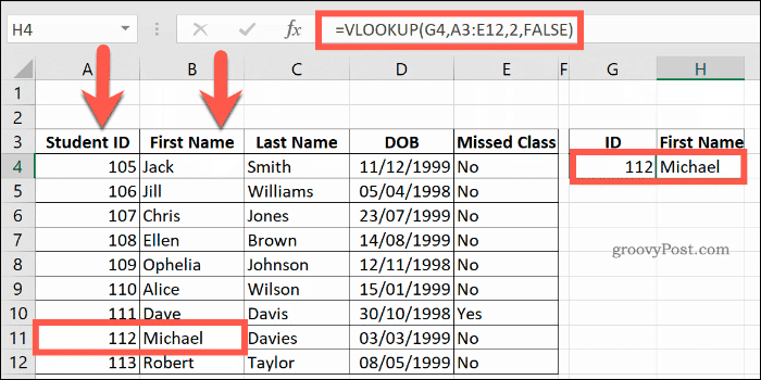 An example of a VLOOKUP formula being used in Excel