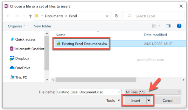 Добавление файла Excel в качестве файлового вложения в OneNote