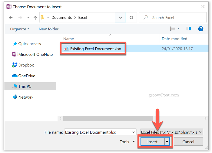 Selecting an existing Excel document to insert into OneNote