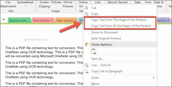 Copying text from a page printout in OneNote