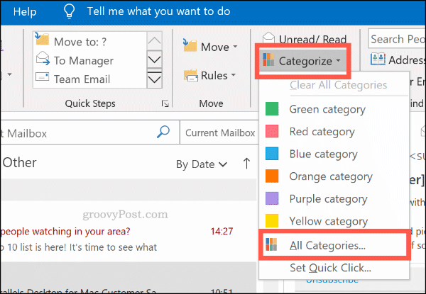 The categorize menu for color categories in Outlook