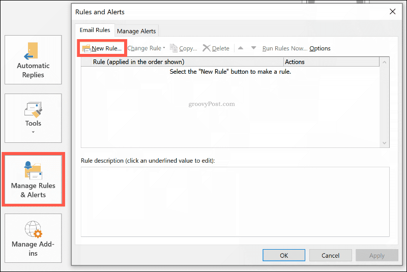 Creating a new rule in Outlook