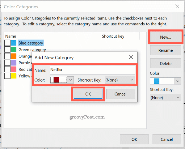 Creating a new color category in Outlook