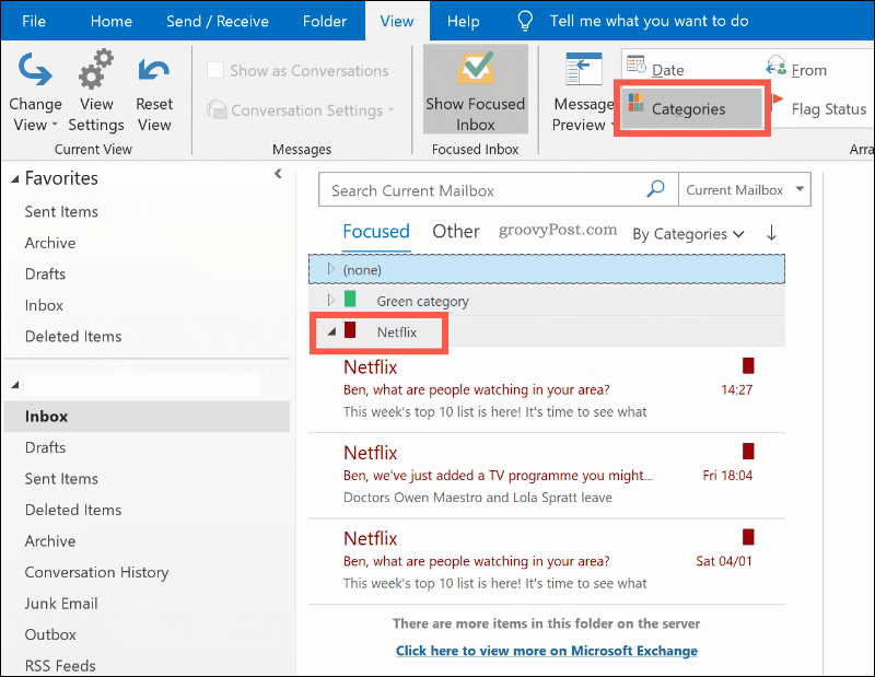 Emails sorted by color category in Outlook