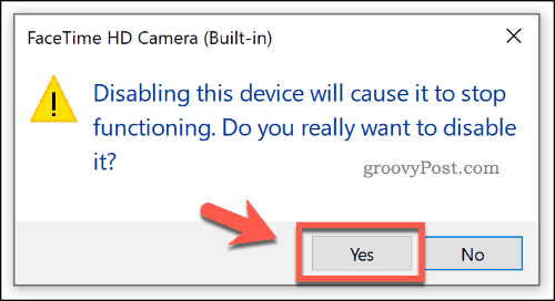 Confirming a device being disabled in the Device Manager on Windows 10