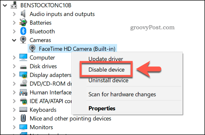 Disabling a device in the Windows 10 Device Manager