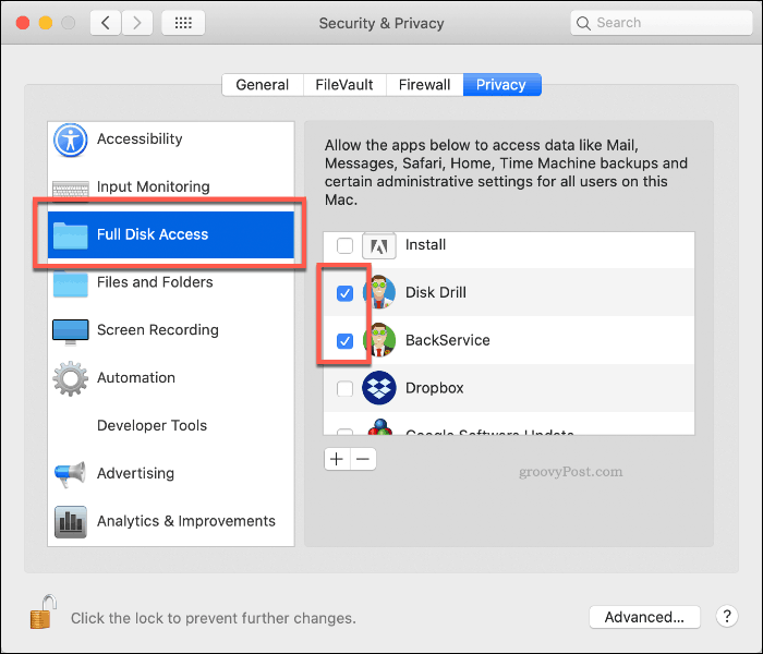 Авторизация полного доступа к диску на MacOS