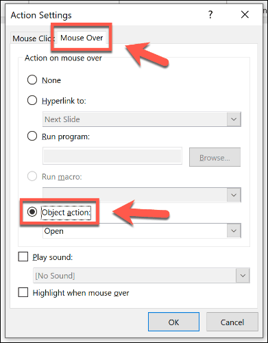 Setting an object to open with a mouse over in PowerPoint