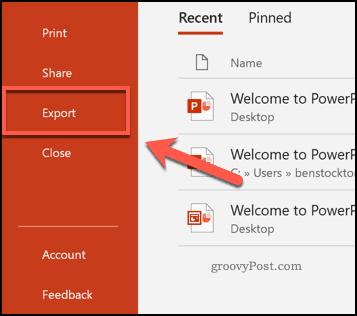 The Export tab icon in PowerPoint