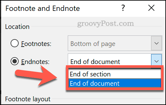 Setting a custom position for endnotes in Word