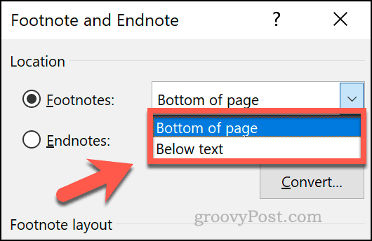 Setting a custom position for footnotes in Word