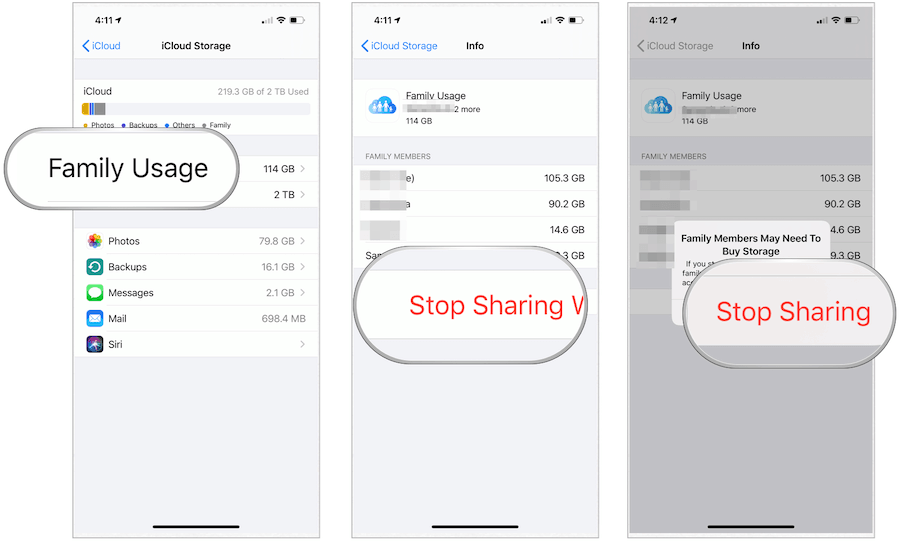 iCloud storage stop sharing