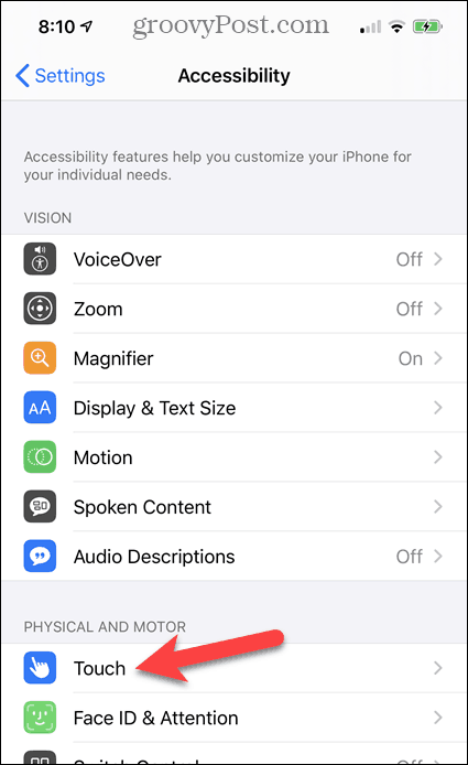 Tap Touch in iPhone Accessibility