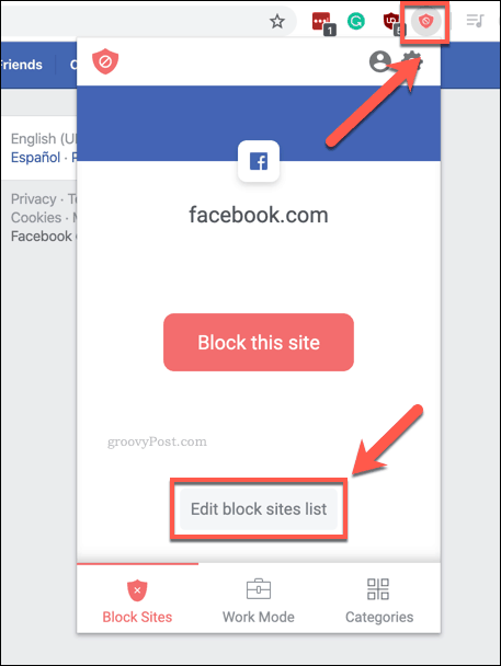 The Chrome BlockSite extension Edit block sites list option