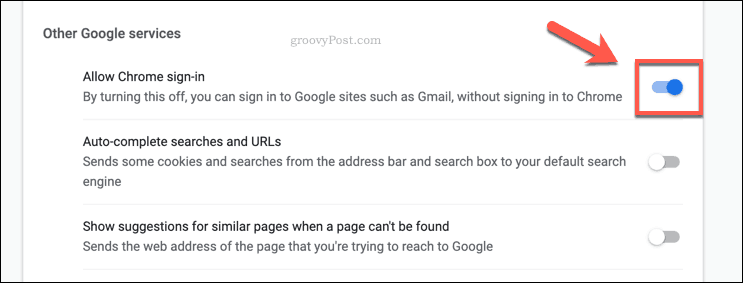 The Chrome Allow Google sign ins slider