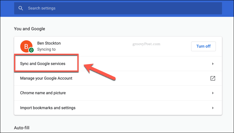 Chrome sync settings option