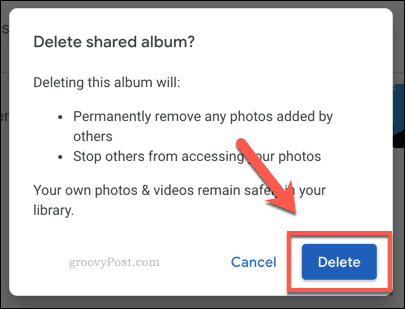 Confirming the deletion of a Google Photos shared album