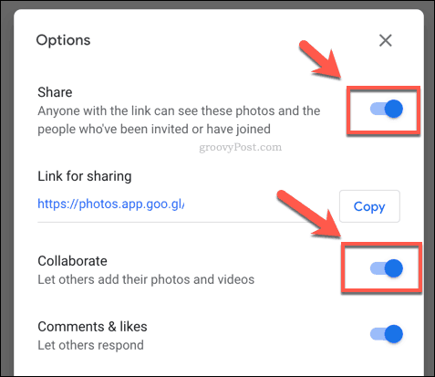 Album sharing options in Google Photos