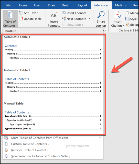 Inserting a table of contents in Word