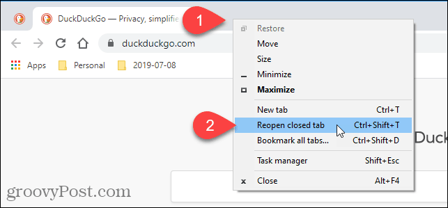 Select Reopen closed tab in Chrome