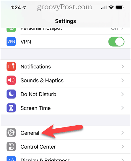 Tap General on the iPhone Settings screen