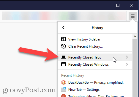 Select Recently Closed Tabs in Firefox