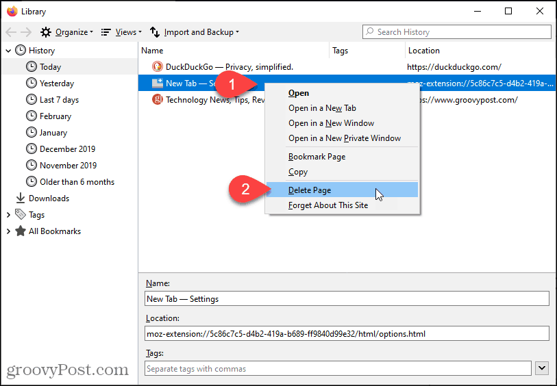 Delete page in History in Firefox
