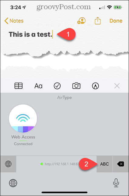 Text entered into a note on iPhone
