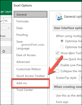 The Excel add-ins tab