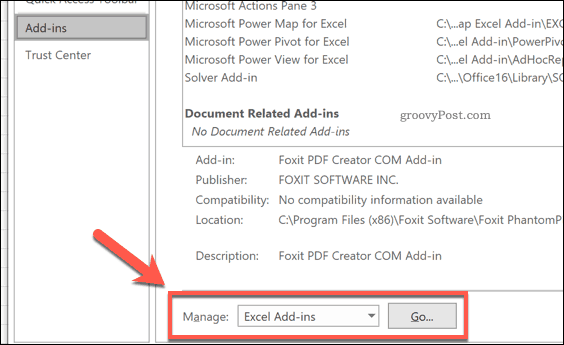 Managing Excel add-ins