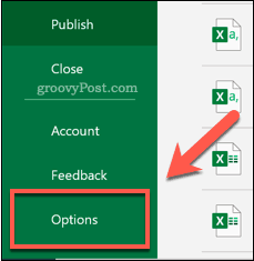 Opening the Options menu in Excel