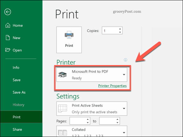 Print to PDF printer option in Excel