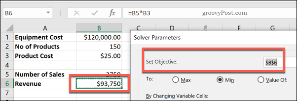 Ячейка Задать цель в Солвере для Excel