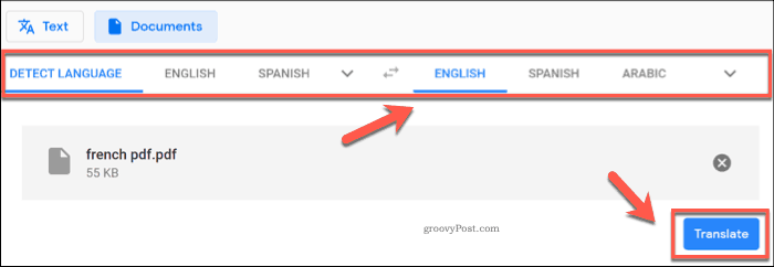 Translating a document using Google Translate